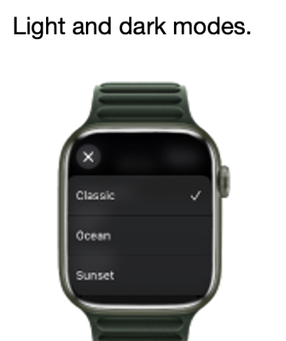 Tally Watch: Simple Tally - Apple Watch screen showing a list of theme options including Classic Ocean and Sunset for the Tally Watch app