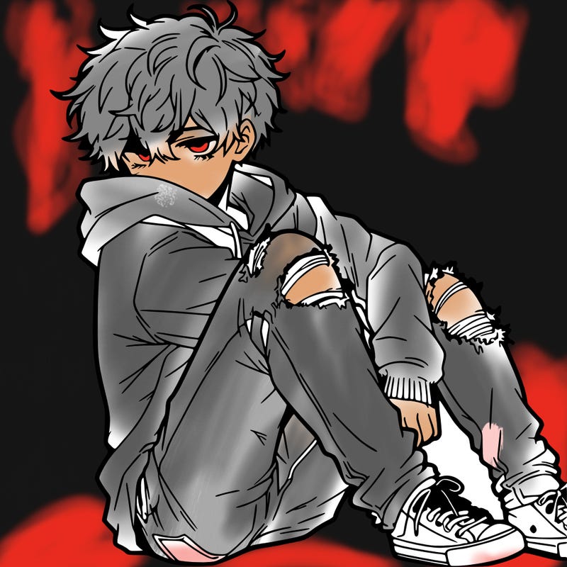a male hoddie ripped jeans messy hair anime