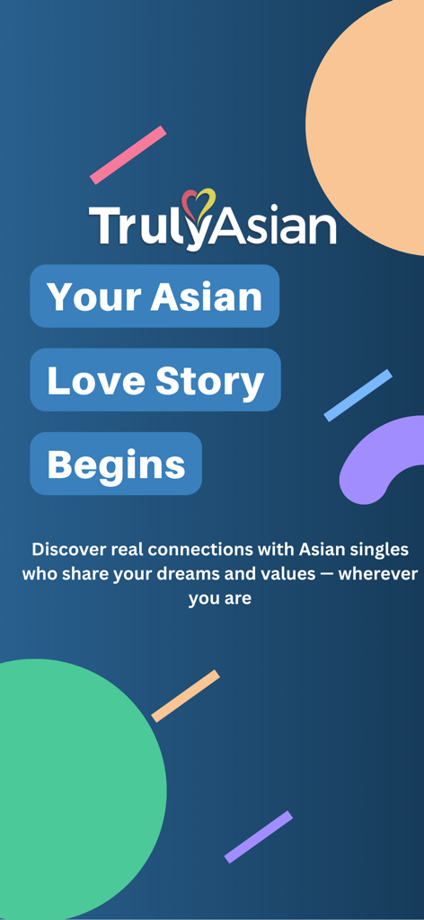 TrulyAsian - Asian Dating - TrulyAsianデーティングアプリのウェルカム画面、「あなたのアジアのラブストーリーが始まります」という見出し付き