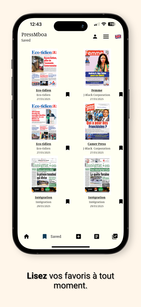 PressMboa mobile app interface showing a collection of saved Cameroonian newspaper editions in a digital kiosk layout.