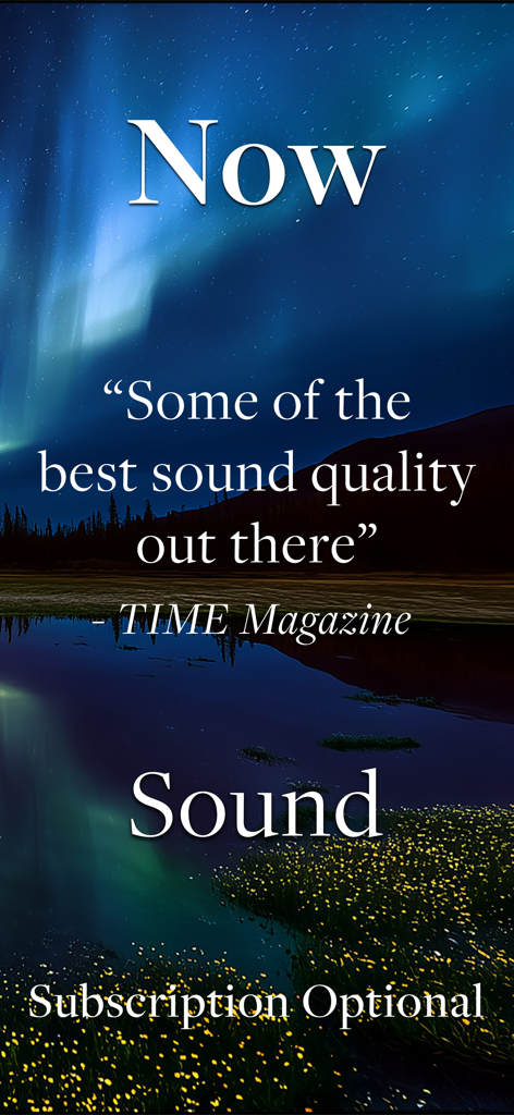 Naturespace Holographic Audio - Naturespace app screenshot featuring a TIME Magazine endorsement for its high sound quality over an aurora borealis landscape