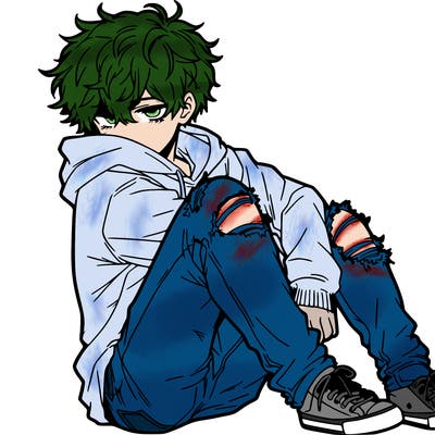 a male hoddie ripped jeans messy hair anime