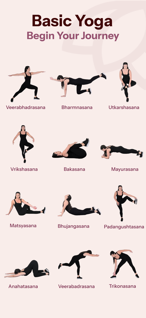 Yoga for Beginners - Workout - 초보자 운동 여정을 위한 아사나 이름이 있는 기본 요가 자세 차트