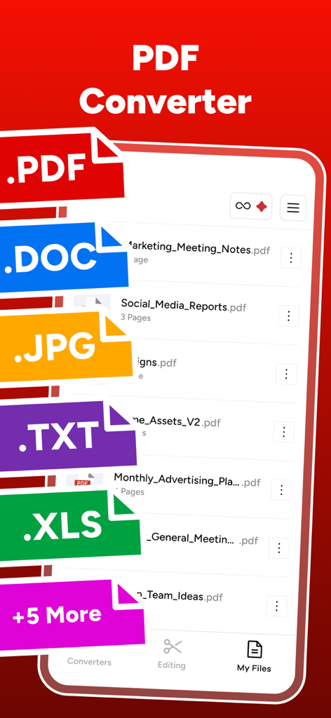 DOC JPG TXTおよびXLS形式からPDFへのファイル変換オプションを表示するモバイルアプリ画面