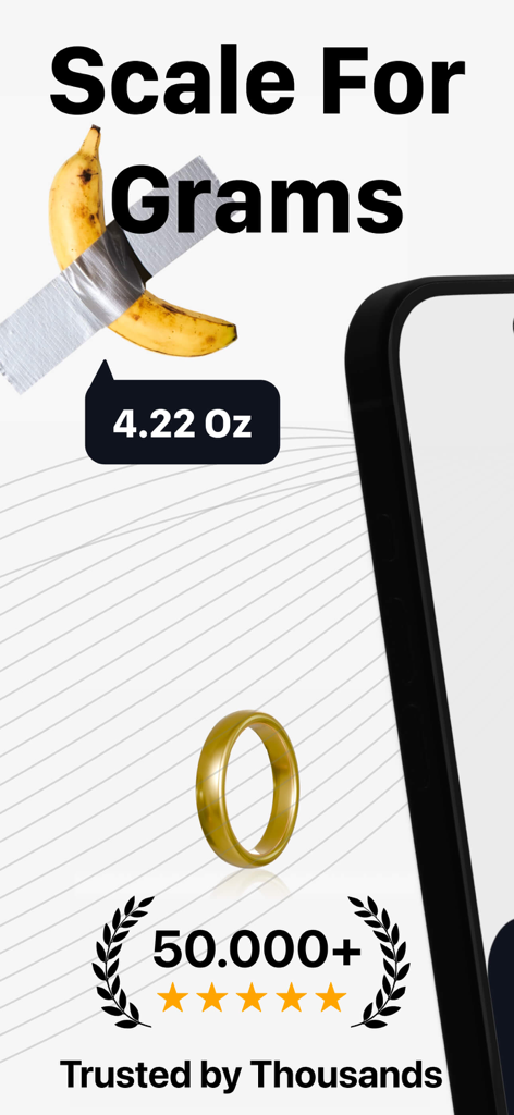 App bilancia digitale che mostra la stima del peso in once per una banana e un anello d'oro usando la fotocamera di uno smartphone