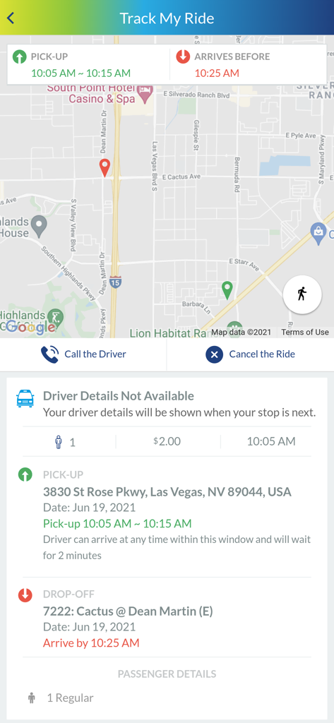 A screenshot of the RTC-OnDemand mobile app tracking a scheduled ride on a map in Las Vegas.