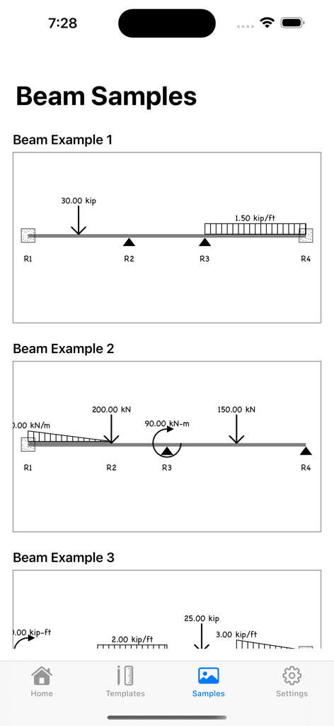 A-Beam* - A-Beam app screen displaying multiple structural engineering beam load and reaction examples