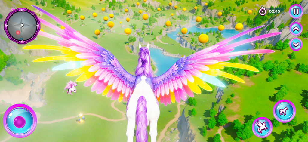 Pony Tales: Magical Realm - A white pony with large rainbow wings flying over a green valley with floating coins