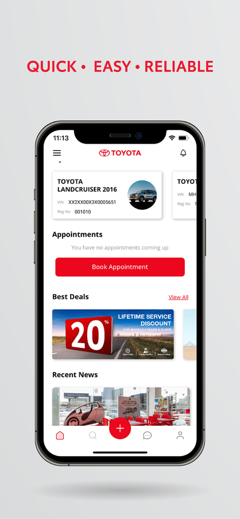 Toyota Bahrain - Dashboard of the Toyota Bahrain app featuring vehicle details service booking and promotional offers