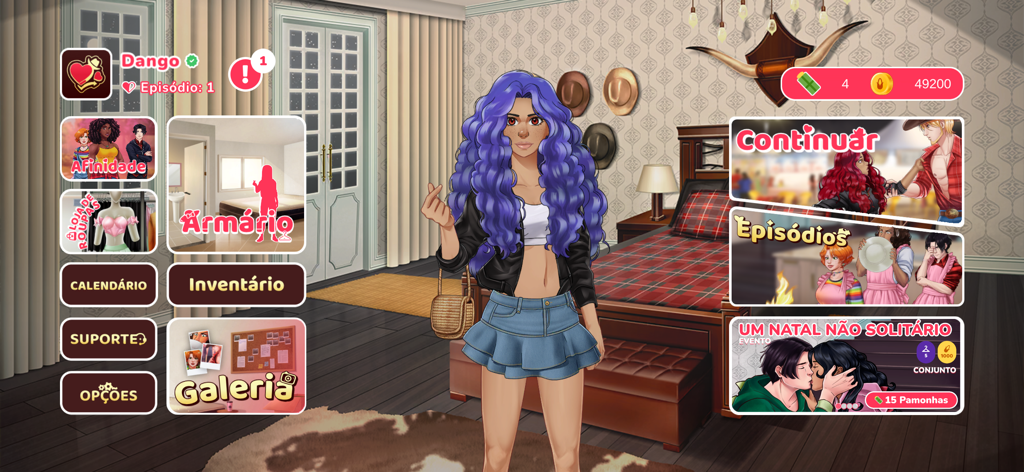Entre Laços e Amassos - Main menu interface of the interactive story game Entre Lacos e Amassos featuring a customizable character with purple hair and various navigation buttons.