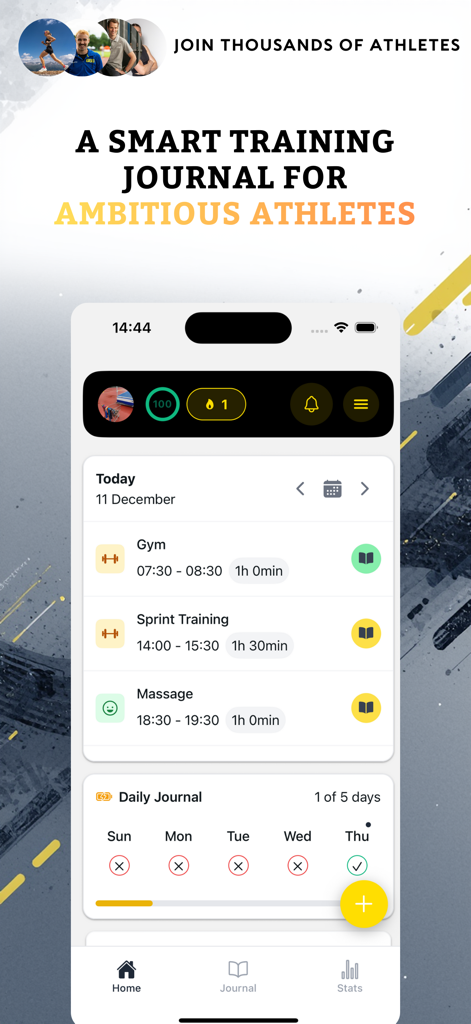 Athlog - Athlog app home screen showing a daily workout schedule and progress journal for athletes