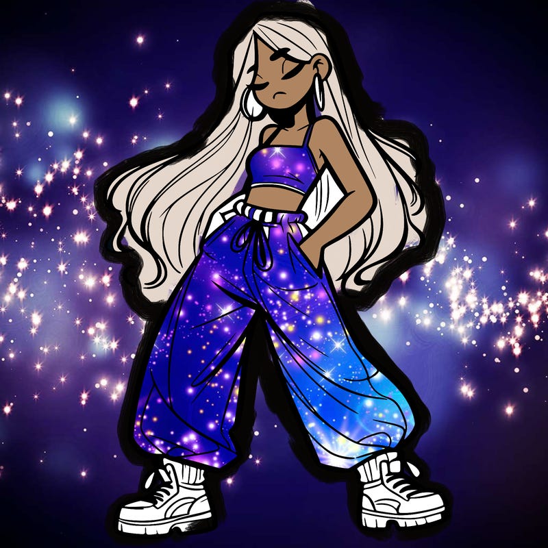 girl in baggy pants crop top and long hair