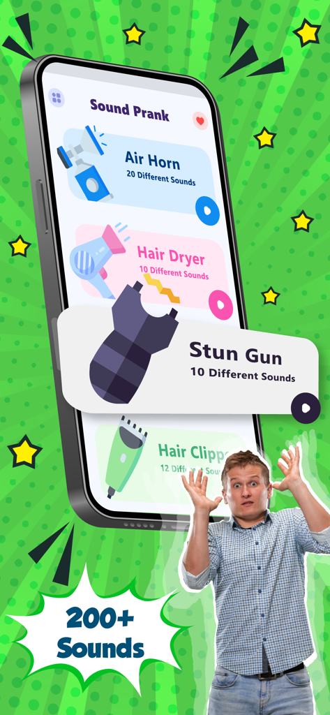 Pantalla de la aplicación móvil que muestra varias categorías de sonidos de broma como bocina de aire y pistola aturdidora con un hombre en shock en la esquina