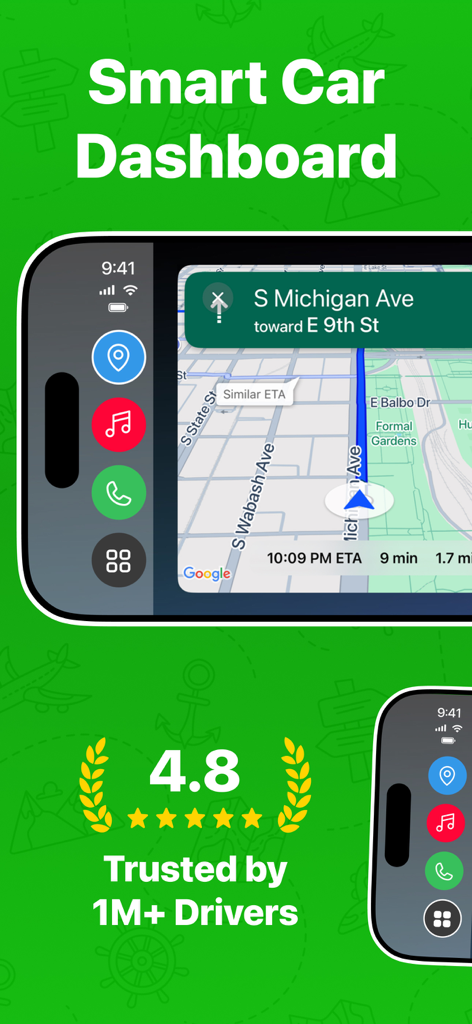 Car Play Connect app showing a smart car dashboard with GPS navigation and music controls on an iPhone interface