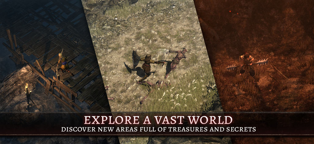 A collage of three different game environments in Oniro ARPG featuring characters in dungeons and open fields with the text Explore a Vast World.