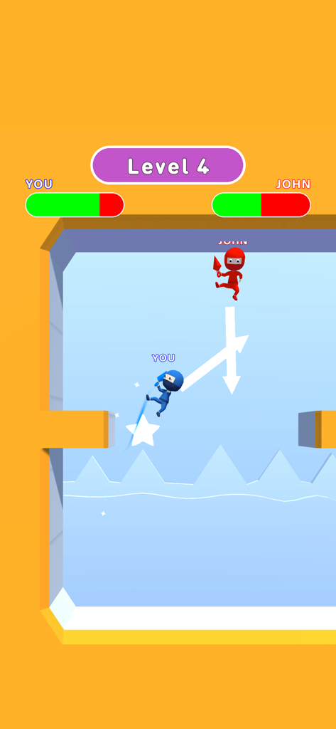 Gameplay of Ninja Battle showing a 1v1 fight between a blue and red ninja on level 4