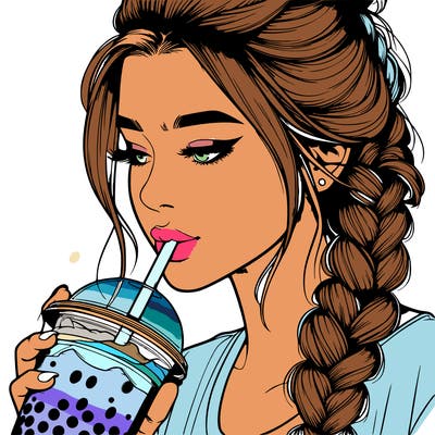 realistic girl drinking boba tea with braided hair