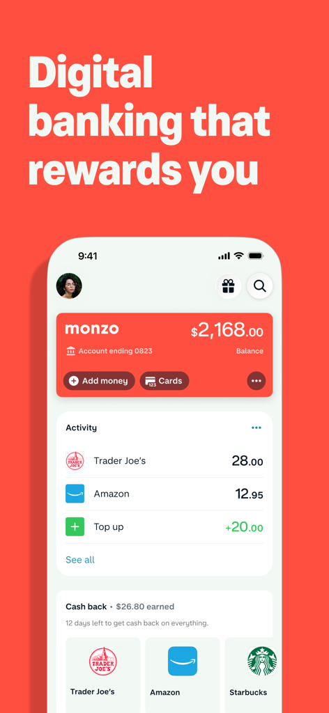 Aplicación móvil de Monzo que muestra el saldo de la cuenta, el historial de transacciones y el cashback ganado