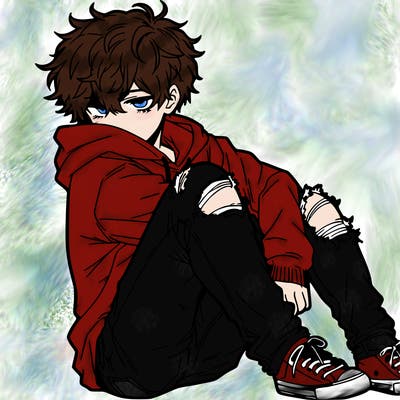 a male hoddie ripped jeans messy hair anime