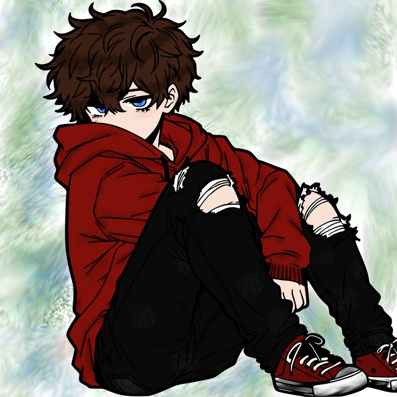 a male hoddie ripped jeans messy hair anime