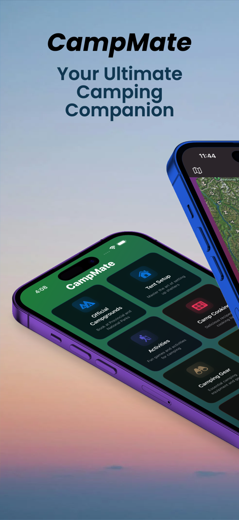 CampMate: Your Camp Helper - CampMate app dashboard with camping gear activities and map features on iPhone screens