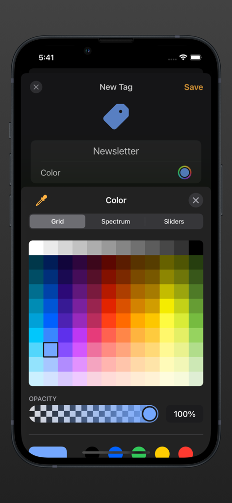 Uma captura de tela do aplicativo Bookmark mostrando a interface de criação de tags com uma grade de seleção de cores para organizar URLs salvas.