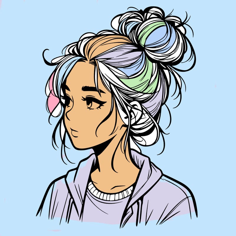 realistic teenage girl with a messy bun