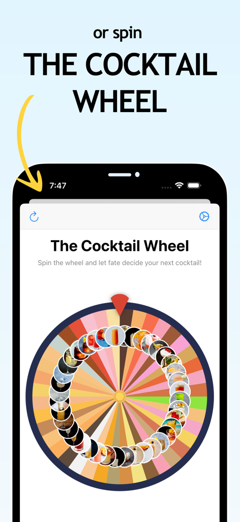 A spinning wheel feature in the Bart app to randomly select a cocktail recipe
