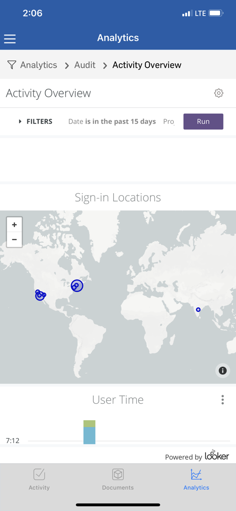 Interface do aplicativo móvel Onshape 3D CAD mostrando painel de análise com locais de login de mapa mundial e dados de atividade do usuário