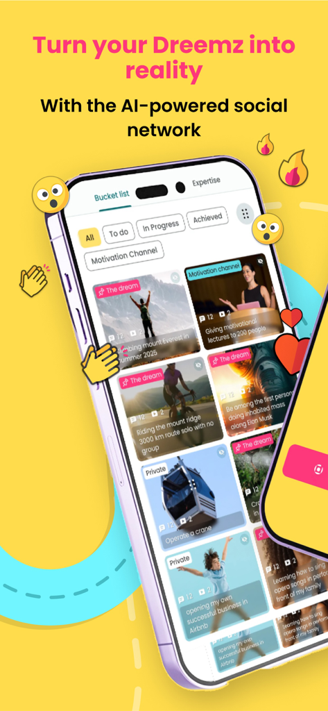 Dreemz - Pantalla de la aplicación Dreemz que muestra una lista de deseos de metas de usuario como escalar el Monte Everest y comenzar un negocio en un formato de feed social de video primero.