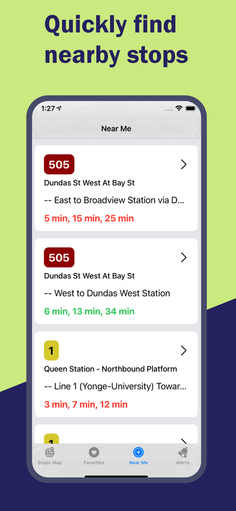 My TTC - Toronto Bus Tracker - Screenshot of the My TTC app showing real-time bus and subway arrival times for nearby stops in Toronto.