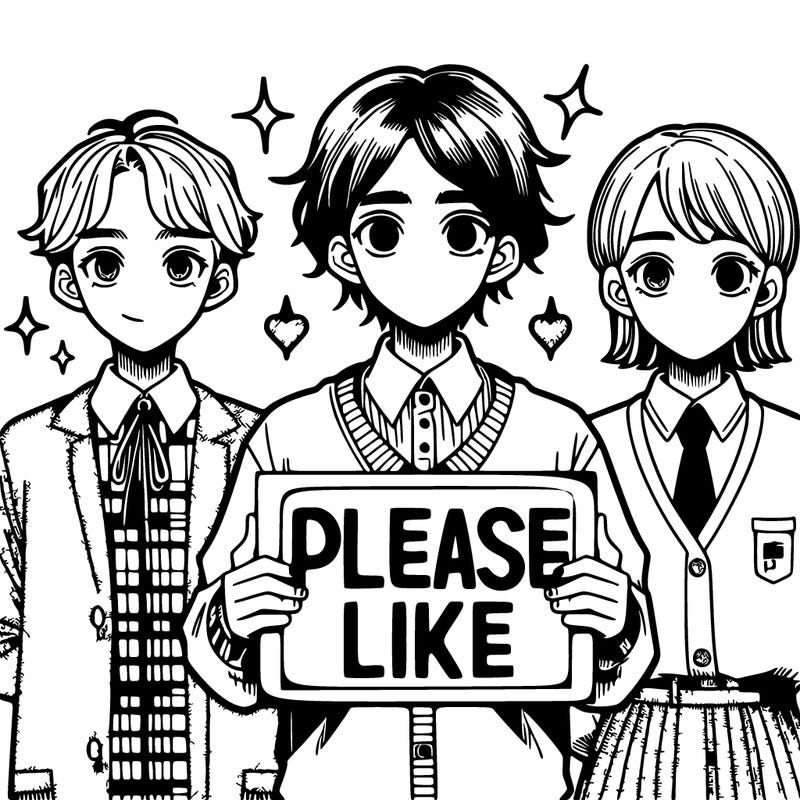 3manga girls the one in the middle holding a sign that says pls like