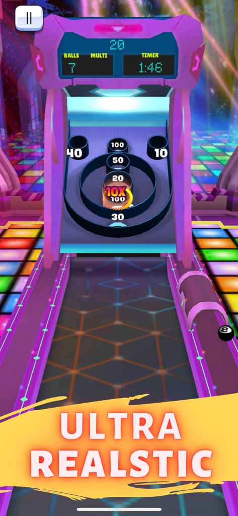 Arcade Bowling Money Games 3D - A screenshot of Arcade Bowling Money Games 3D showing a skee-ball machine with various point targets.