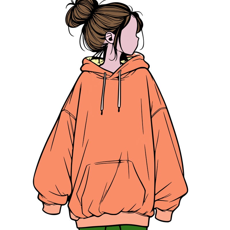 realistic girl with a oversized sweatshirt on and a bun
