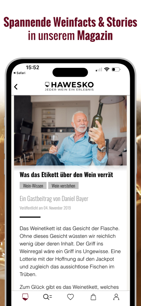 Aplicación Hawesko que muestra un artículo de revista de vinos sobre etiquetas de vino