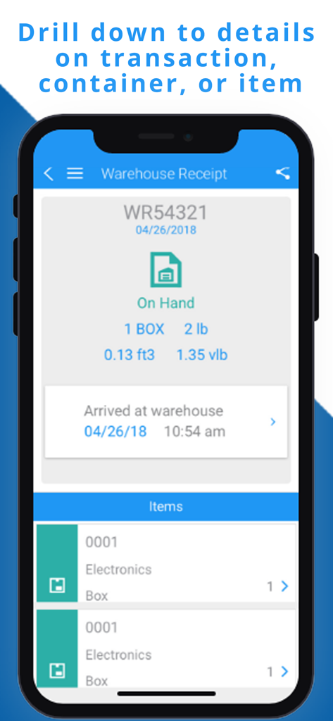 LiveTrack by Magaya - Mobile app screen showing detailed warehouse receipt information and item tracking for logistics