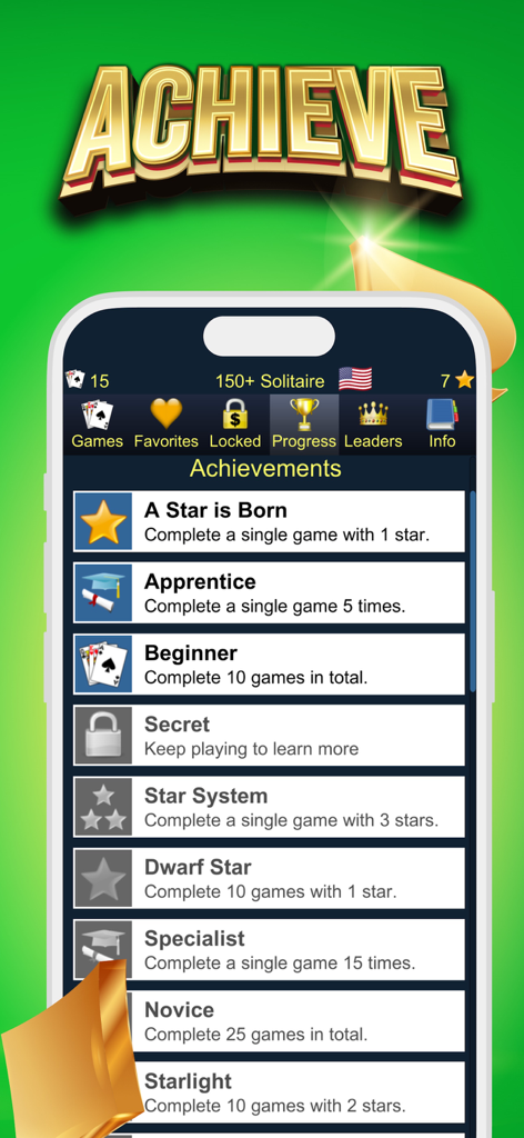 Pantalla de logros en la aplicación Colección de Juegos de Cartas Clásicos mostrando el progreso y los hitos del jugador