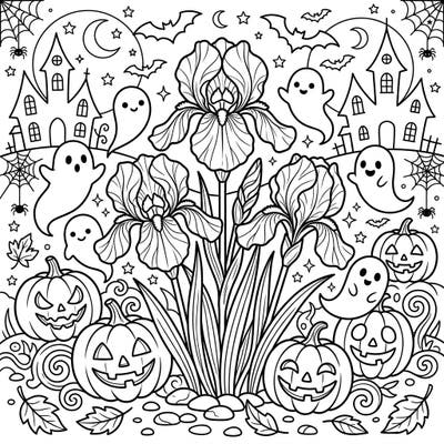 Discover a magical Halloween coloring page featuring elegant irises intertwined with playful ghosts and festive jack-o'-lanterns. This unique design offers a delightful blend of floral beauty and spooky fun for all ages.
