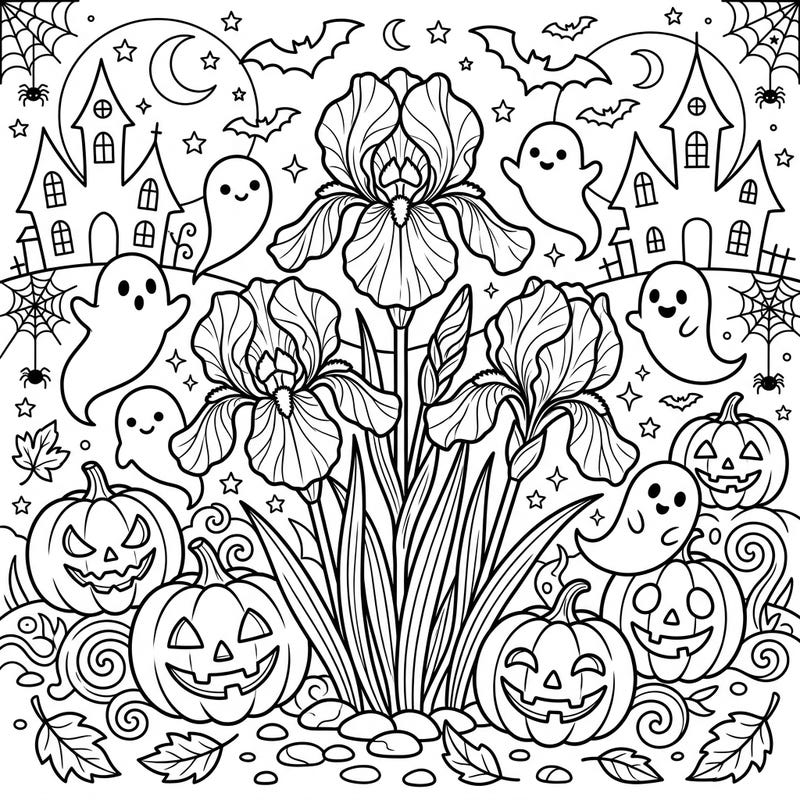 Discover a magical Halloween coloring page featuring elegant irises intertwined with playful ghosts and festive jack-o'-lanterns. This unique design offers a delightful blend of floral beauty and spooky fun for all ages.