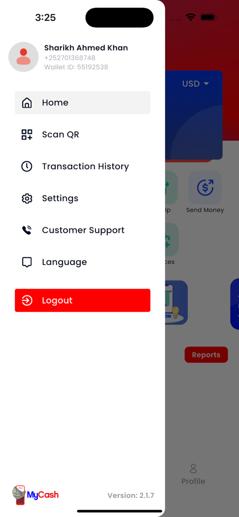 MyCash Subscriber - Das Navigationsseitenmenü der MyCash Subscriber Mobile App mit Kontodetails und Optionen für den Transaktionsverlauf.