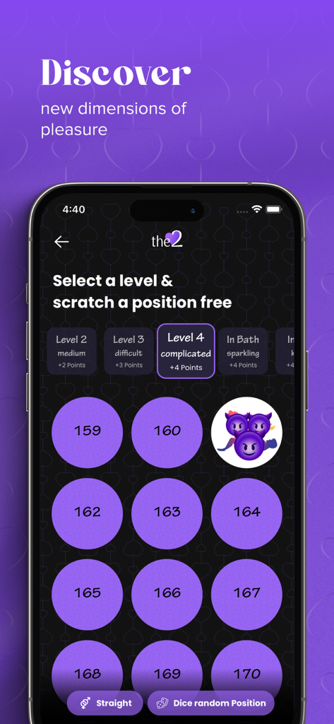 the2: Couple Games for Adults - Interfaz de la aplicación the2 para seleccionar niveles y rascar nuevas posiciones íntimas para parejas