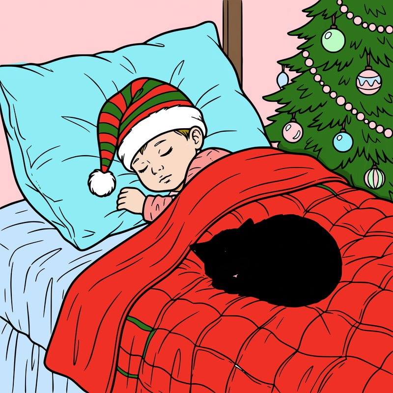 christmas baby in bed asleep with kitty and asleep in the bed