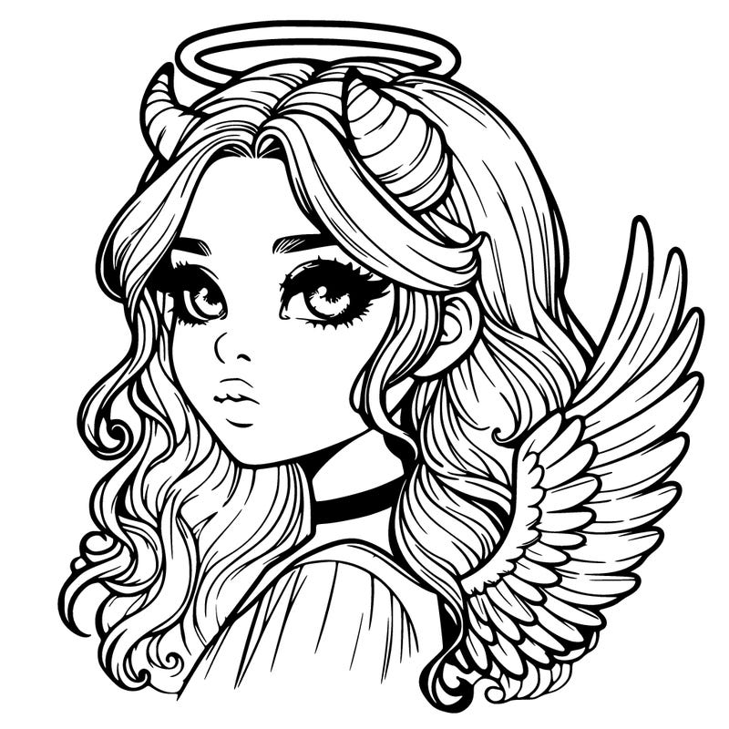 realistic girl with horns and wings and halo