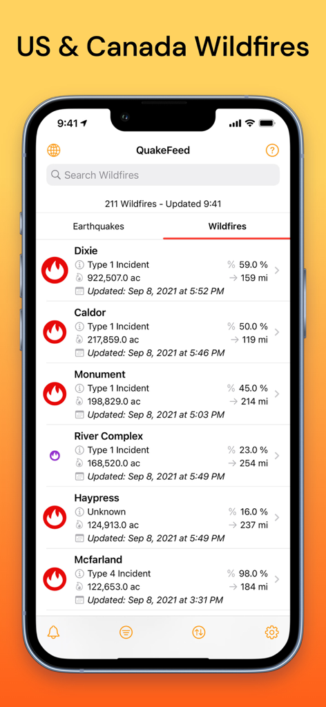 QuakeFeed app interface showing wildfire alert details for US and Canada