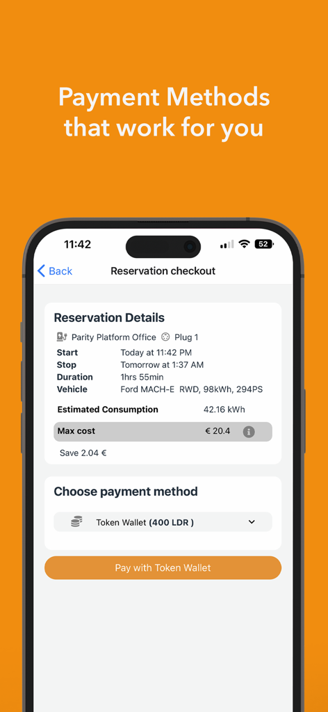 EV Loader reservation checkout screen showing charging costs and payment selection