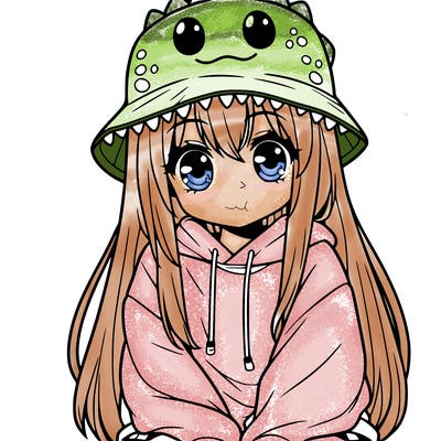 girl with anime shaped eyes with a dinosaur bucket hat oversized sweatshirt long straight hair