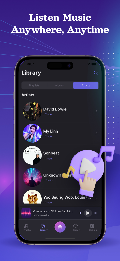 Interfaz de la aplicación Reproductor de Música Offline mostrando una lista de artistas en la biblioteca de música