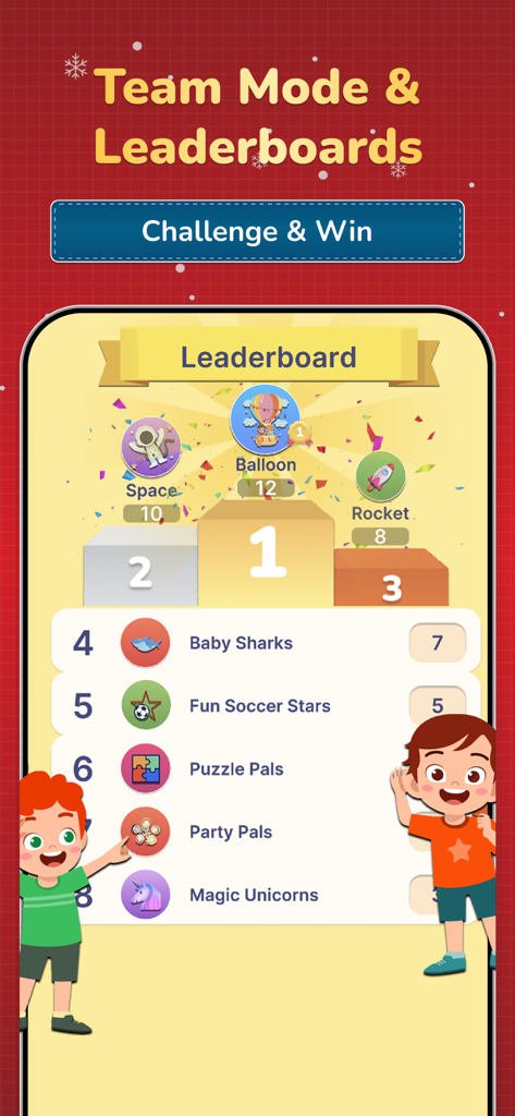 Charades Kids: Act it out - Leaderboard screen displaying team rankings and scores in the Charades Kids app.