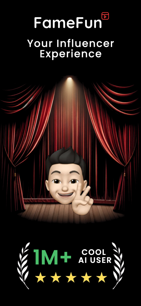 Tela de splash da experiência de influenciador FameFun com um avatar em um palco de teatro vermelho
