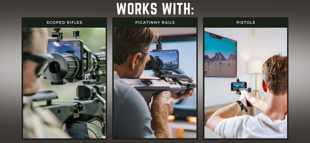 Demonstração do suporte de telefone Virtual-Shot usado com rifles com mira, trilhos Picatinny e pistolas para treinamento de tiro a seco.